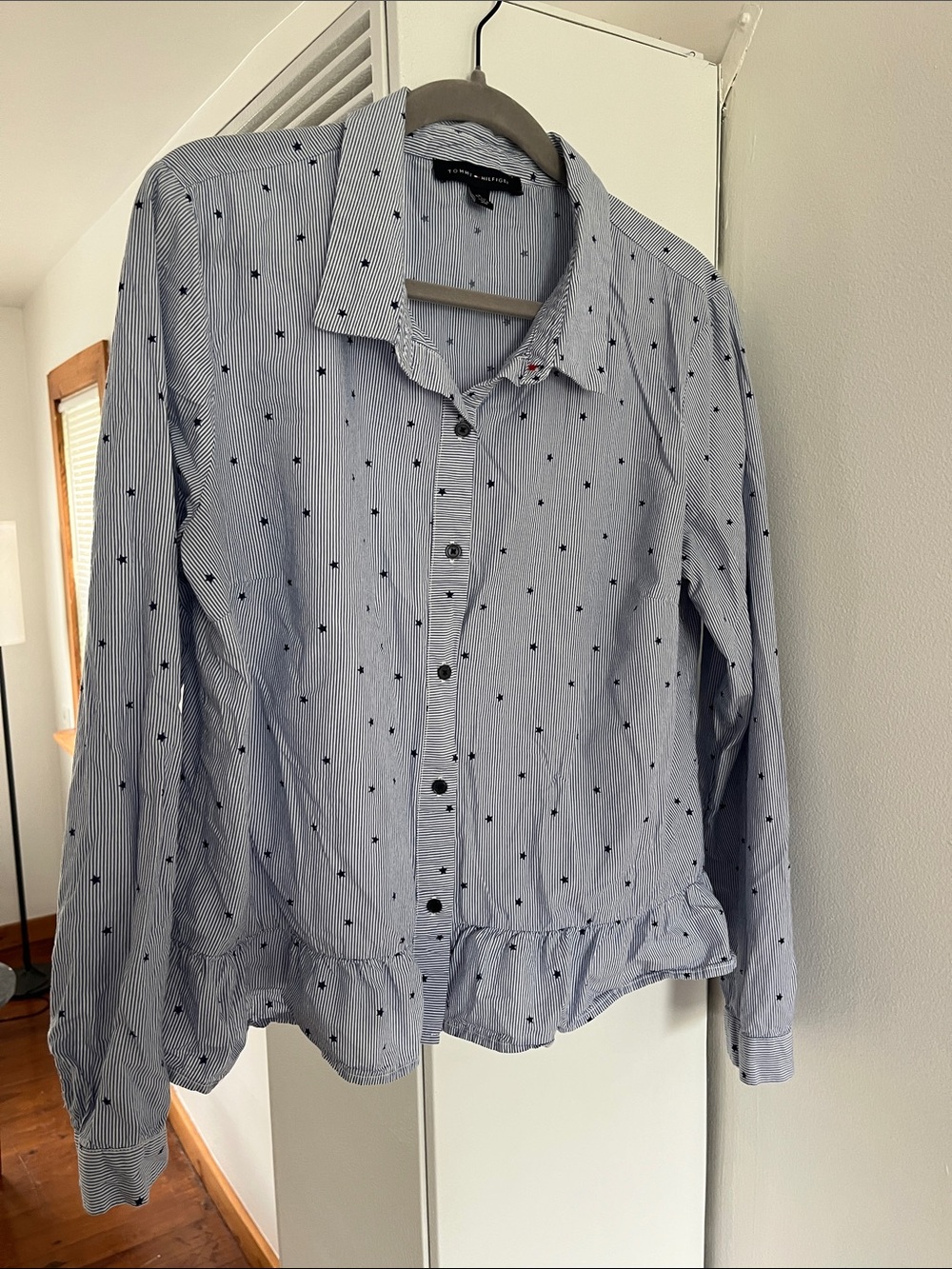 Tommy Hilfiger Light Blue Striped Button-Down Shirt with Navy Star Print